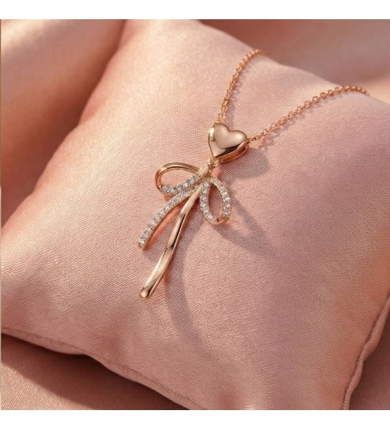 925 Sterling Silver Heart Bow Necklace – Rose Gold Bow Pendant with Sparkling Zirconia – Romantic Ribbon Jewelry Gift for Women