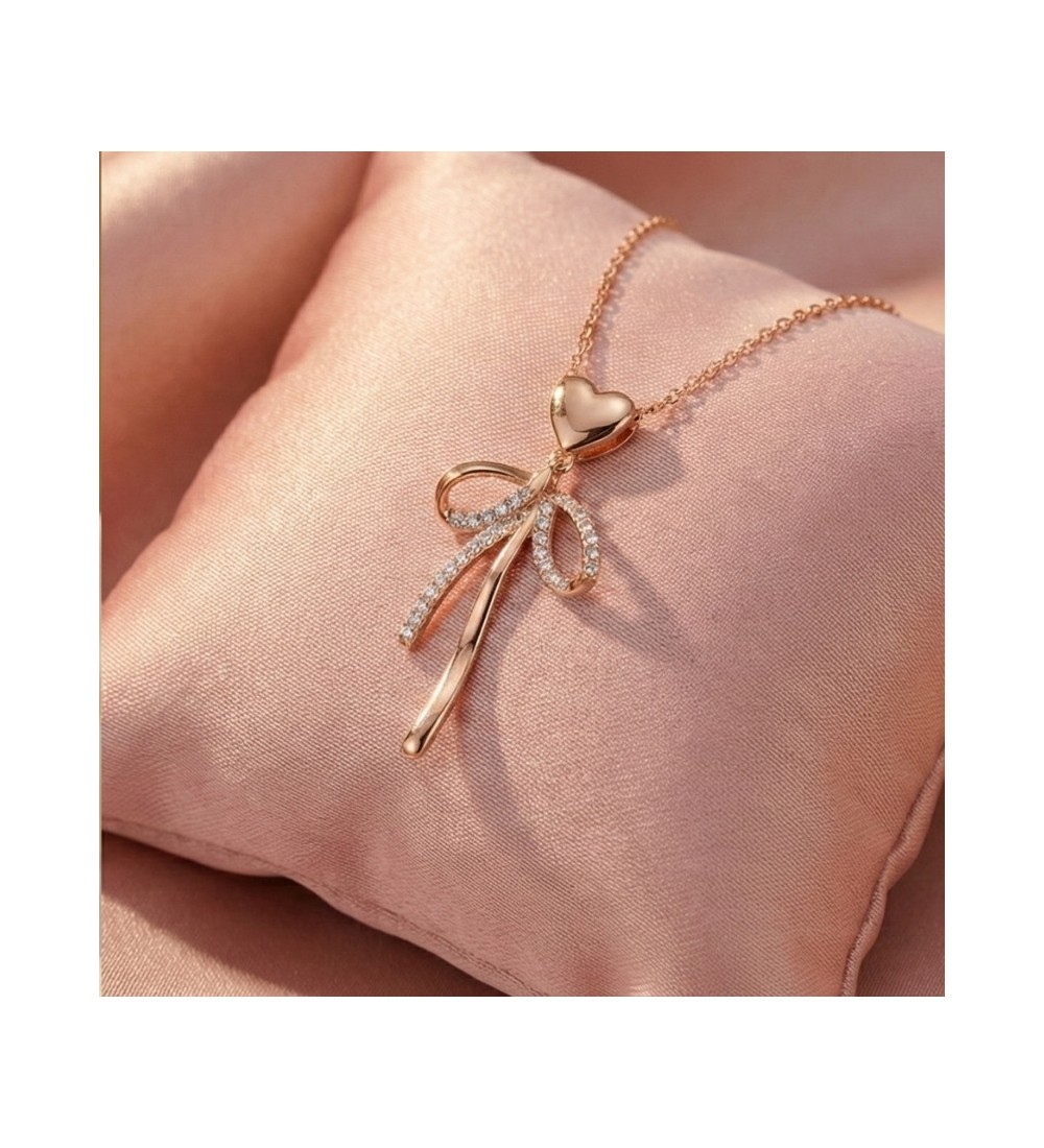 925 Sterling Silver Heart Bow Necklace – Rose Gold Bow Pendant with Sparkling Zirconia – Romantic Ribbon Jewelry Gift for Women