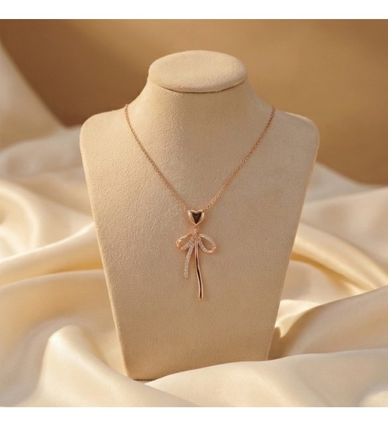 925 Sterling Silver Heart Bow Necklace – Rose Gold Bow Pendant with Sparkling Zirconia – Romantic Ribbon Jewelry Gift for Women