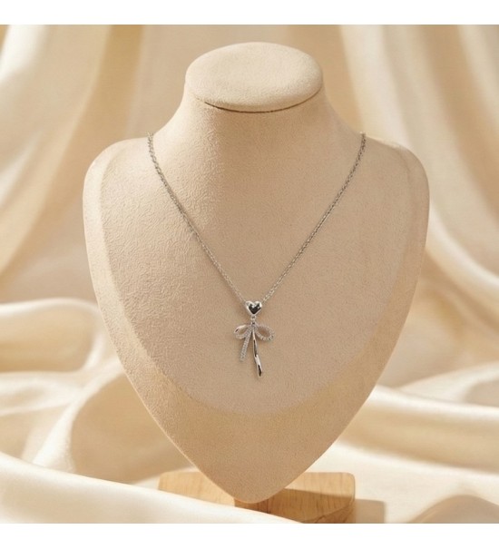 925 Sterling Silver Heart Bow Necklace – Rose Gold Bow Pendant with Sparkling Zirconia – Romantic Ribbon Jewelry Gift for Women