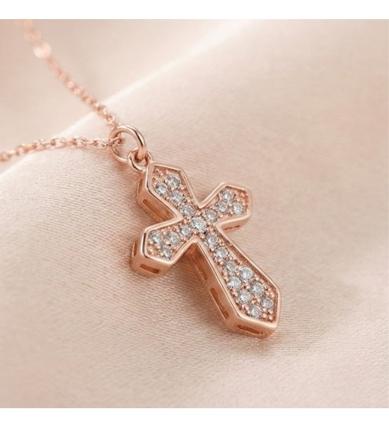 925 Sterling Silver Cross Necklace – Radiant Rose Gold Faith Pendant with Sparkling Zirconia