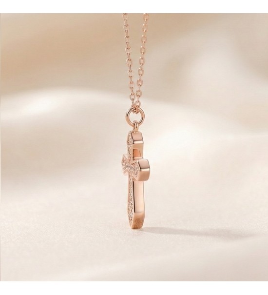 925 Sterling Silver Cross Necklace – Radiant Rose Gold Faith Pendant with Sparkling Zirconia