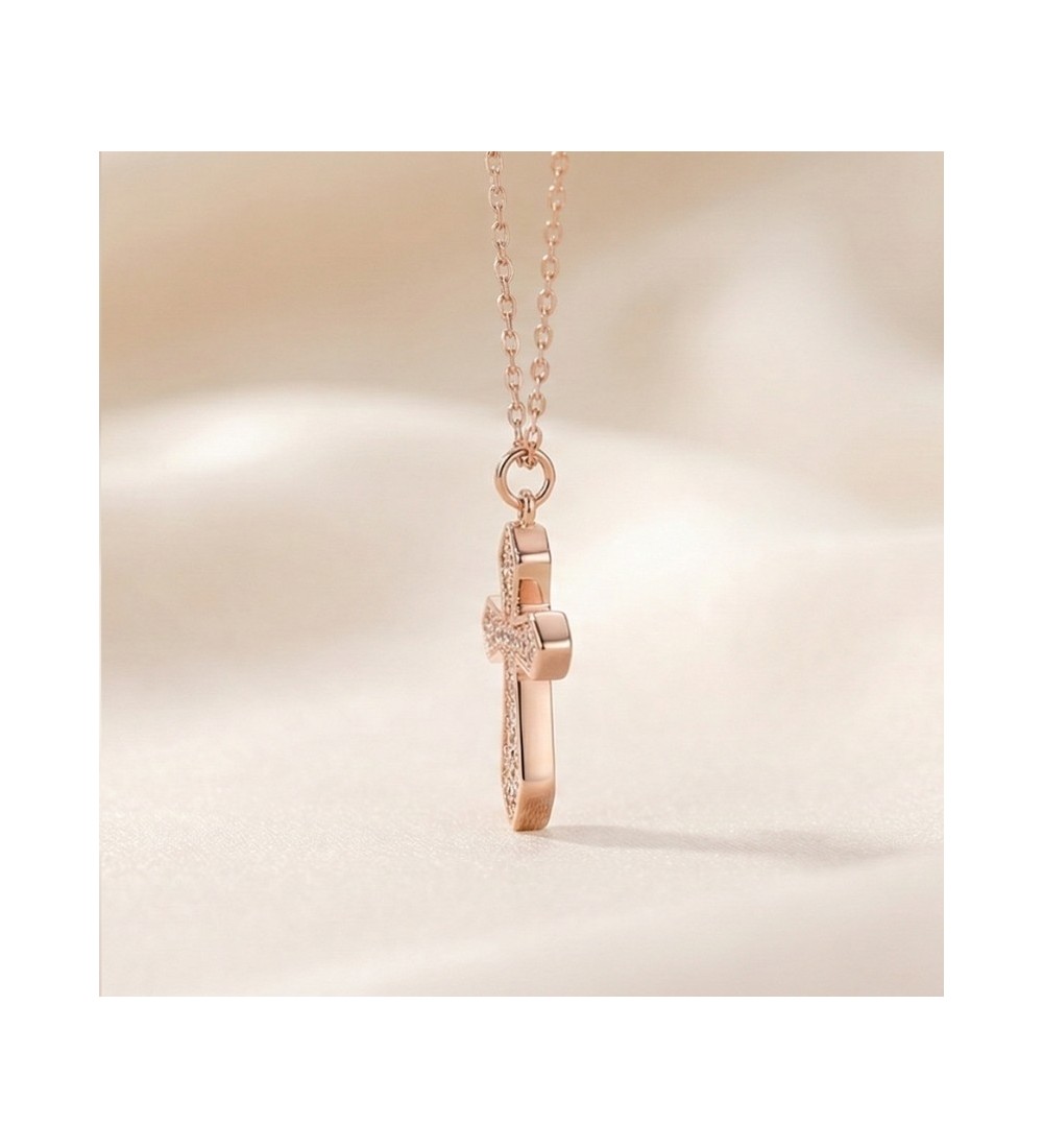 925 Sterling Silver Cross Necklace – Radiant Rose Gold Faith Pendant with Sparkling Zirconia