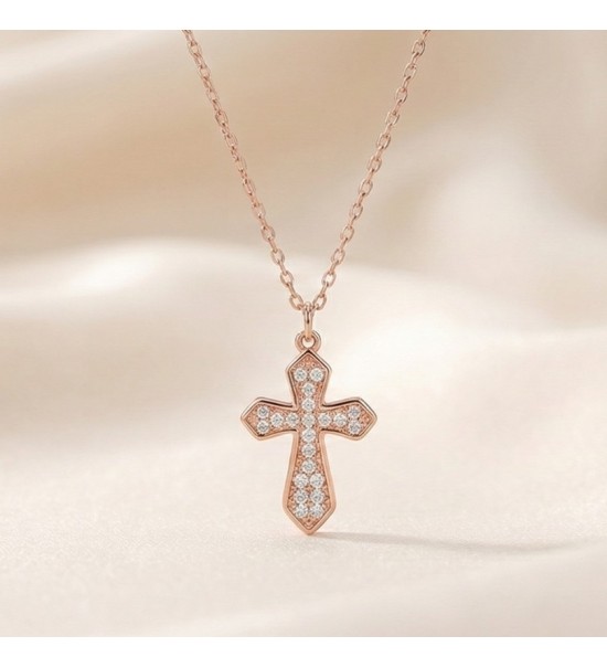 925 Sterling Silver Cross Necklace – Radiant Rose Gold Faith Pendant with Sparkling Zirconia
