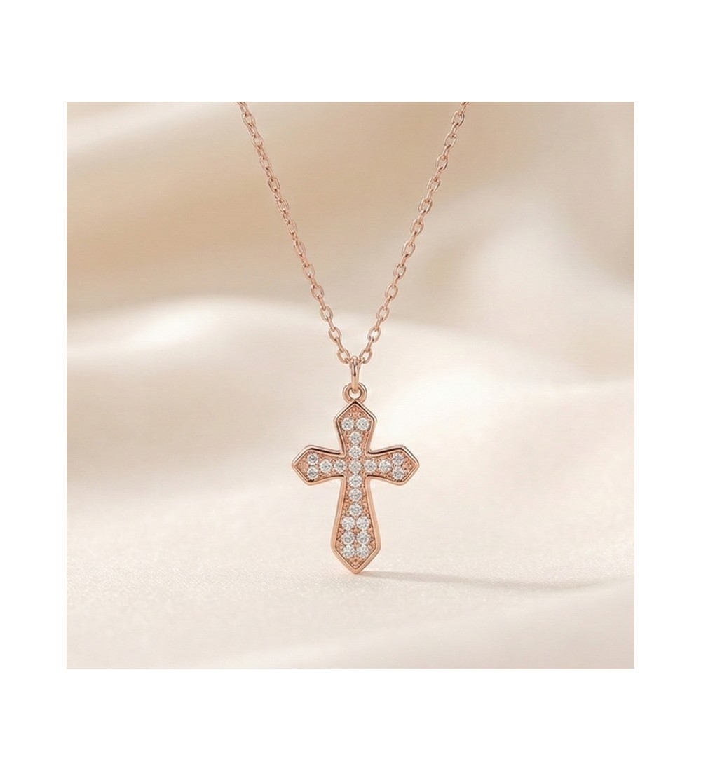 925 Sterling Silver Cross Necklace – Radiant Rose Gold Faith Pendant with Sparkling Zirconia