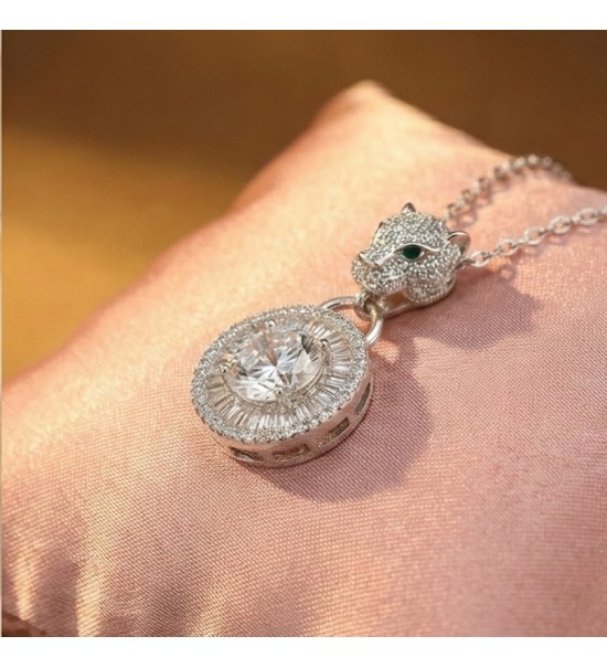 925 Sterling Silver Panther Necklace – Radiant Rose Gold Feline Pendant – Sparkling Double Halo Baguette Zirconia Jewelry for Wo