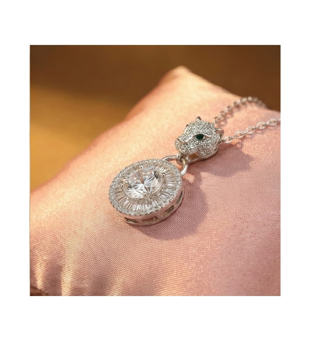 925 Sterling Silver Panther Necklace – Radiant Rose Gold Feline Pendant – Sparkling Double Halo Baguette Zirconia Jewelry for Wo