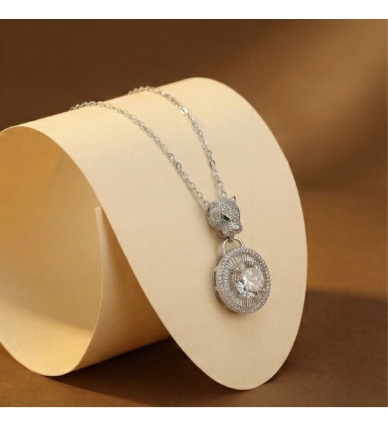 925 Sterling Silver Panther Necklace – Radiant Rose Gold Feline Pendant – Sparkling Double Halo Baguette Zirconia Jewelry for Wo