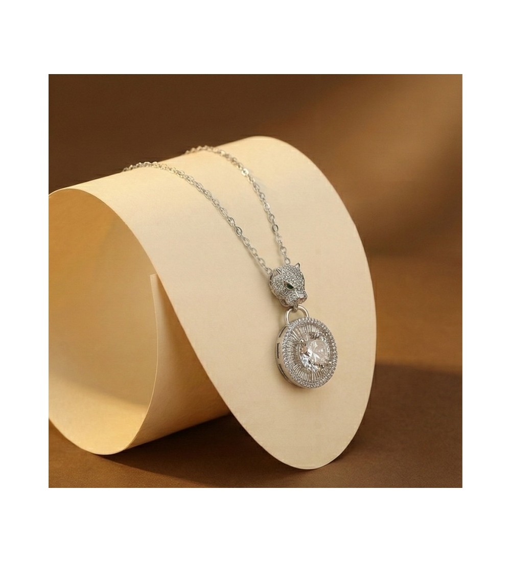 925 Sterling Silver Panther Necklace – Radiant Rose Gold Feline Pendant – Sparkling Double Halo Baguette Zirconia Jewelry for Wo