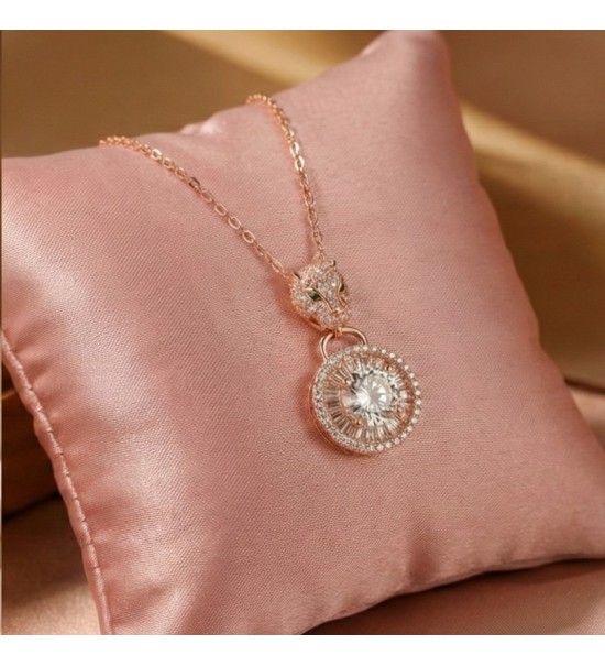 925 Sterling Silver Panther Necklace – Radiant Rose Gold Feline Pendant – Sparkling Double Halo Baguette Zirconia Jewelry for Wo