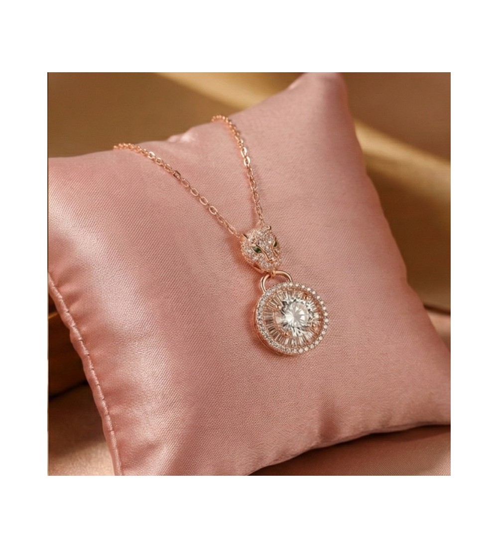 925 Sterling Silver Panther Necklace – Radiant Rose Gold Feline Pendant – Sparkling Double Halo Baguette Zirconia Jewelry for Wo