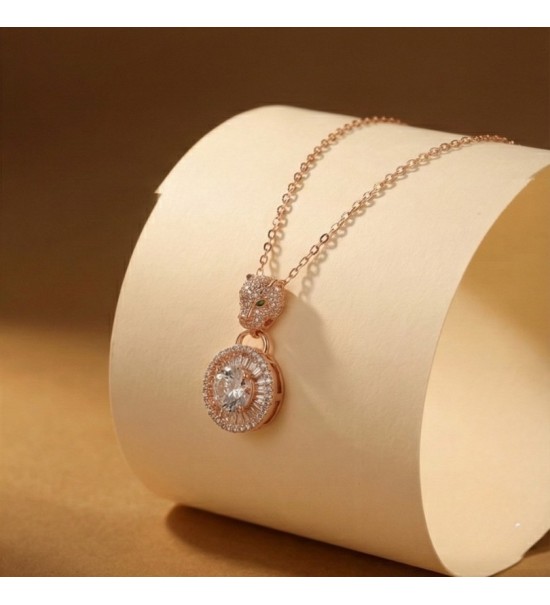 925 Sterling Silver Panther Necklace – Radiant Rose Gold Feline Pendant – Sparkling Double Halo Baguette Zirconia Jewelry for Wo