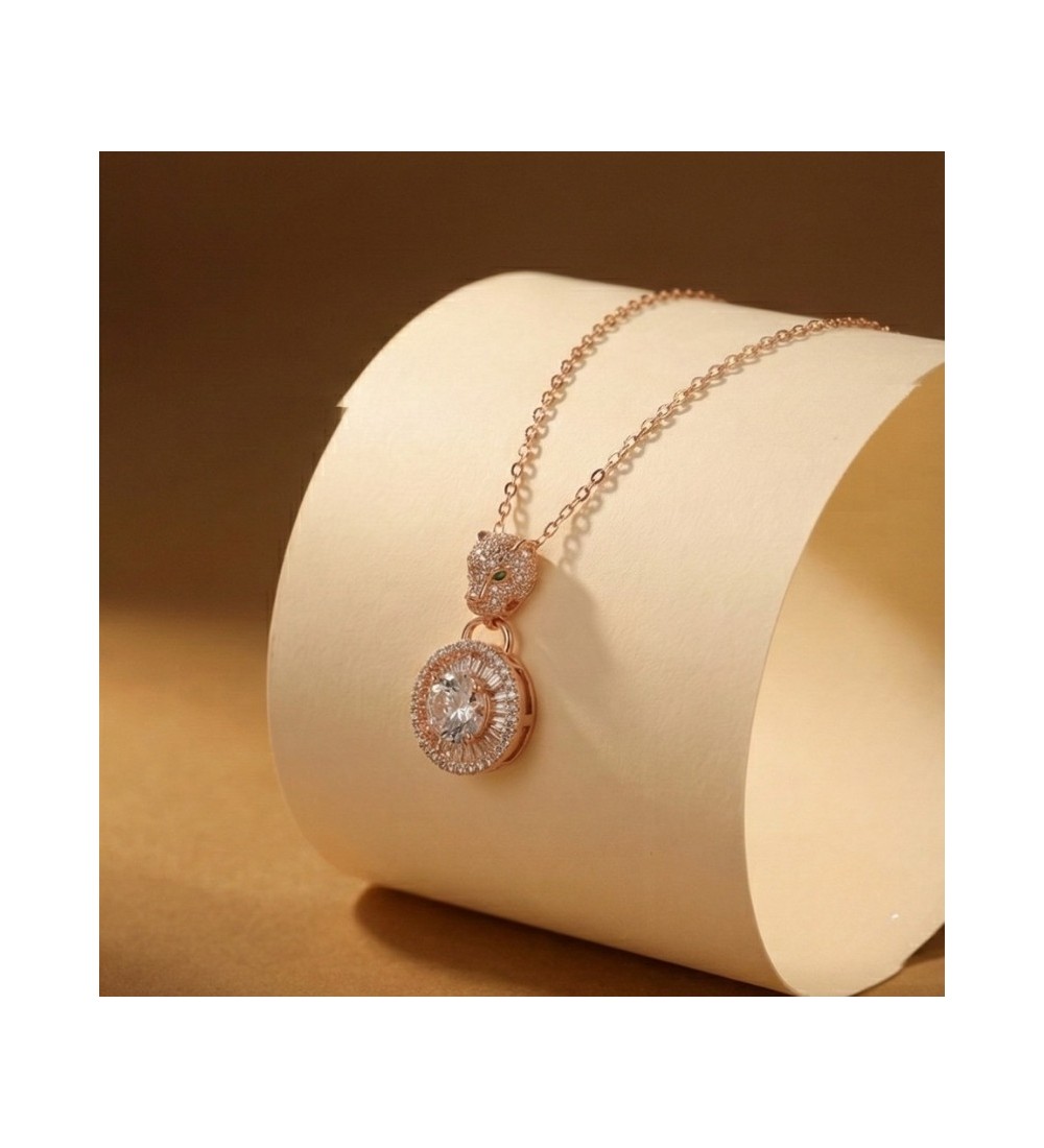 925 Sterling Silver Panther Necklace – Radiant Rose Gold Feline Pendant – Sparkling Double Halo Baguette Zirconia Jewelry for Wo