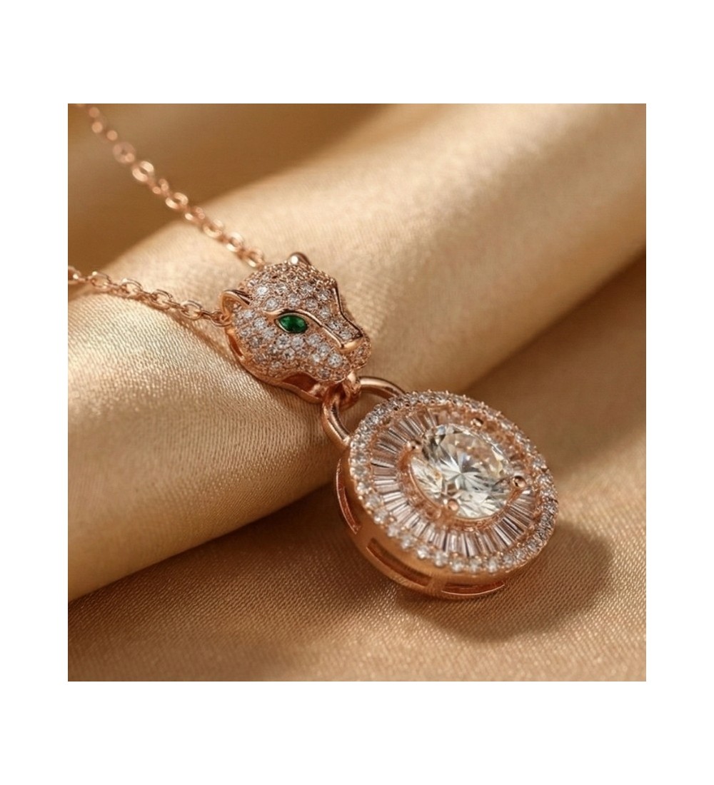 925 Sterling Silver Panther Necklace – Radiant Rose Gold Feline Pendant – Sparkling Double Halo Baguette Zirconia Jewelry for Wo