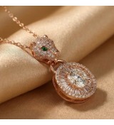 925 Sterling Silver Panther Necklace – Radiant Rose Gold Feline Pendant – Sparkling Double Halo Baguette Zirconia Jewelry for Wo