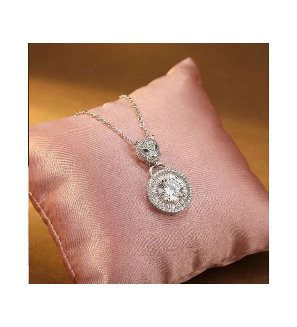 925 Sterling Silver Panther Necklace – Radiant Rose Gold Feline Pendant – Sparkling Double Halo Baguette Zirconia Jewelry for Wo