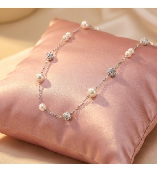 925 Sterling Silver Pearl Station Necklace – Dainty Silver Chain with Pavé CZ Beads – Elegant Bridal and Everyday Layering Jewe