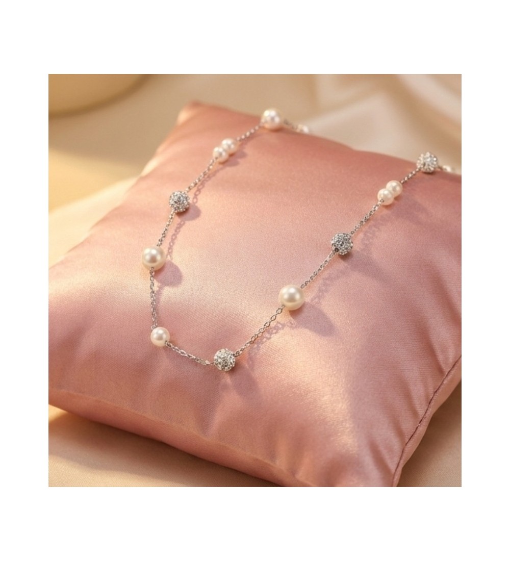 925 Sterling Silver Pearl Station Necklace – Dainty Silver Chain with Pavé CZ Beads – Elegant Bridal and Everyday Layering Jewe