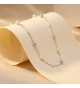 925 Sterling Silver Pearl Station Necklace – Dainty Silver Chain with Pavé CZ Beads – Elegant Bridal and Everyday Layering Jewe