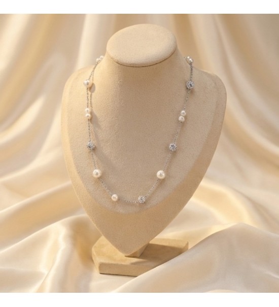 925 Sterling Silver Pearl Station Necklace – Dainty Silver Chain with Pavé CZ Beads – Elegant Bridal and Everyday Layering Jewe