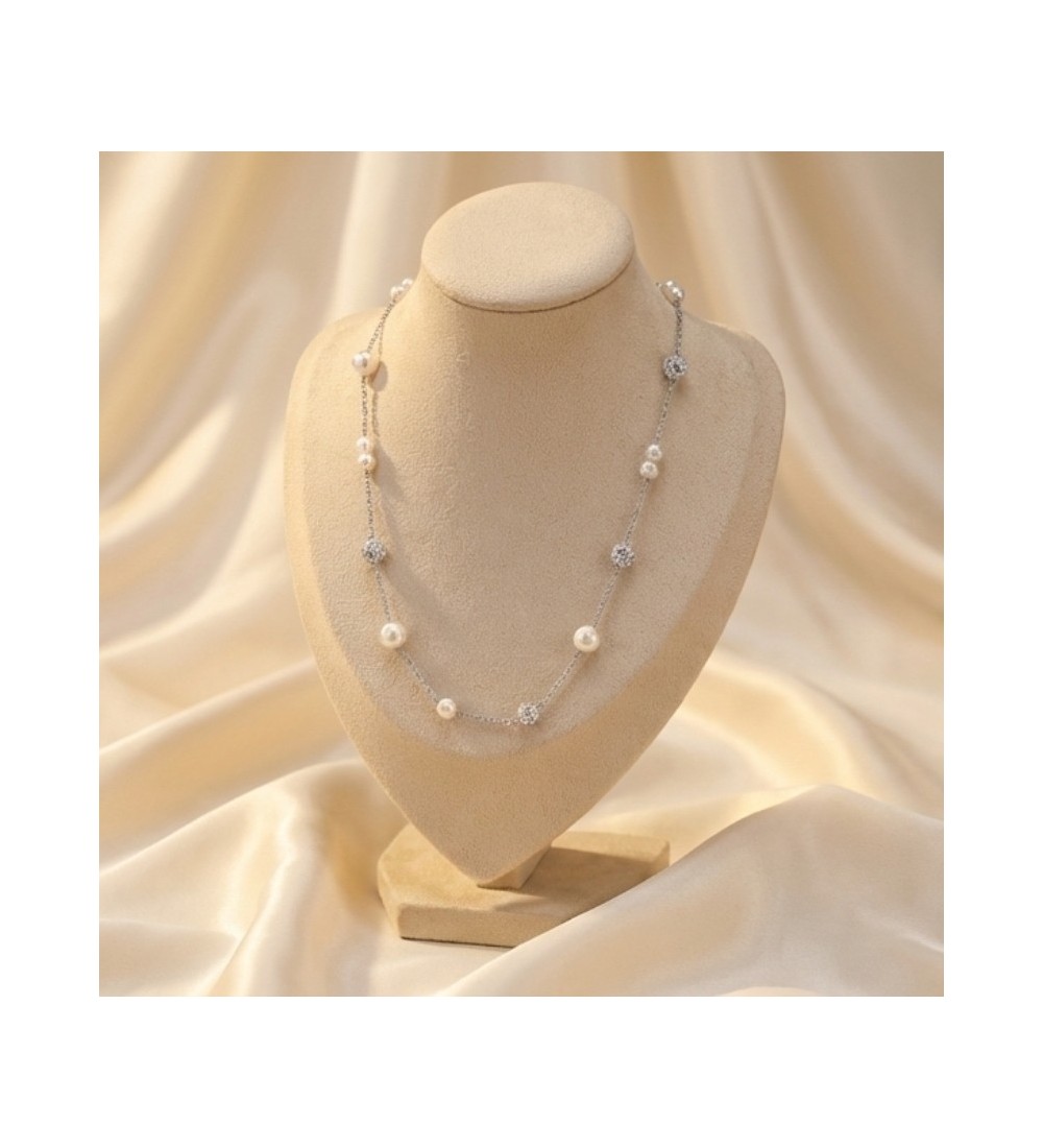925 Sterling Silver Pearl Station Necklace – Dainty Silver Chain with Pavé CZ Beads – Elegant Bridal and Everyday Layering Jewe