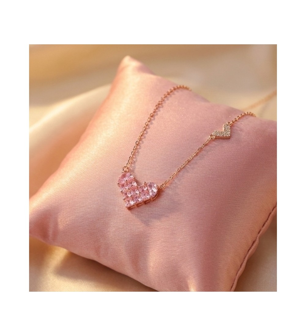 Rose Gold Pink Heart Necklace – Sparkling Pavé Crystal Heart Pendant – Romantic Zirconia Side-Heart Jewelry Gift for Her