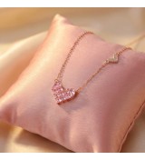 Rose Gold Pink Heart Necklace – Sparkling Pavé Crystal Heart Pendant – Romantic Zirconia Side-Heart Jewelry Gift for Her