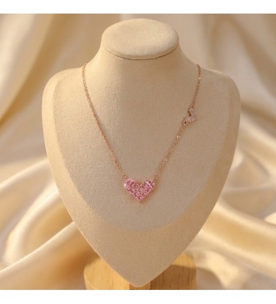 Rose Gold Pink Heart Necklace – Sparkling Pavé Crystal Heart Pendant – Romantic Zirconia Side-Heart Jewelry Gift for Her