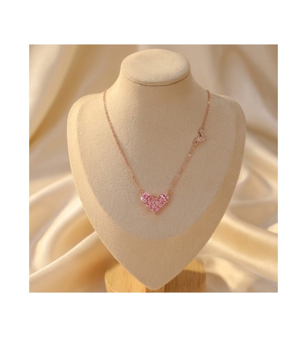 Rose Gold Pink Heart Necklace – Sparkling Pavé Crystal Heart Pendant – Romantic Zirconia Side-Heart Jewelry Gift for Her