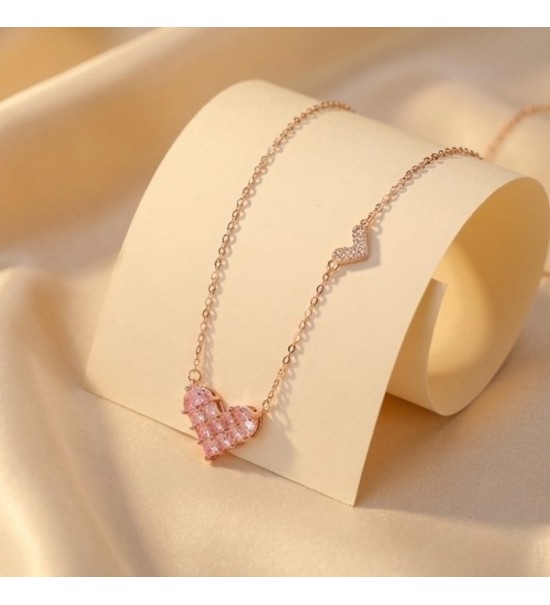 Rose Gold Pink Heart Necklace – Sparkling Pavé Crystal Heart Pendant – Romantic Zirconia Side-Heart Jewelry Gift for Her