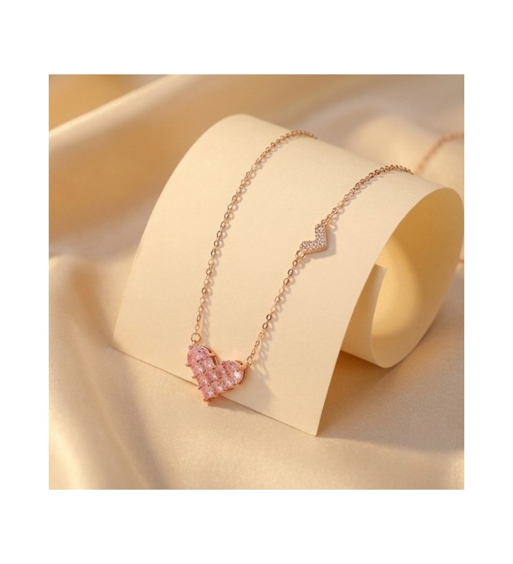 Rose Gold Pink Heart Necklace – Sparkling Pavé Crystal Heart Pendant – Romantic Zirconia Side-Heart Jewelry Gift for Her
