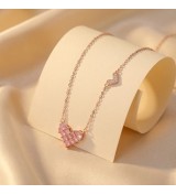 Rose Gold Pink Heart Necklace – Sparkling Pavé Crystal Heart Pendant – Romantic Zirconia Side-Heart Jewelry Gift for Her