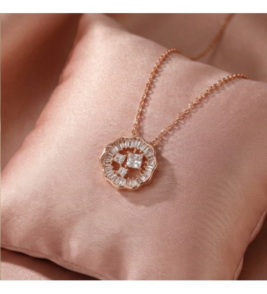 925 Sterling Silver Scalloped Medallion Necklace – Rose Gold Geometric Pendant with Baguette Zirconia – Art Deco Style Jewelry f