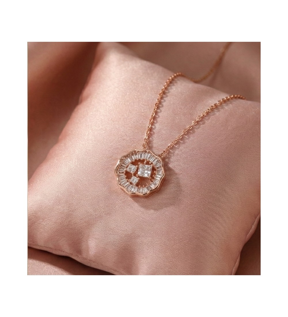 925 Sterling Silver Scalloped Medallion Necklace – Rose Gold Geometric Pendant with Baguette Zirconia – Art Deco Style Jewelry f