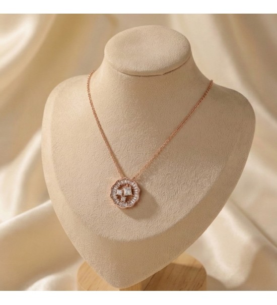 925 Sterling Silver Scalloped Medallion Necklace – Rose Gold Geometric Pendant with Baguette Zirconia – Art Deco Style Jewelry f