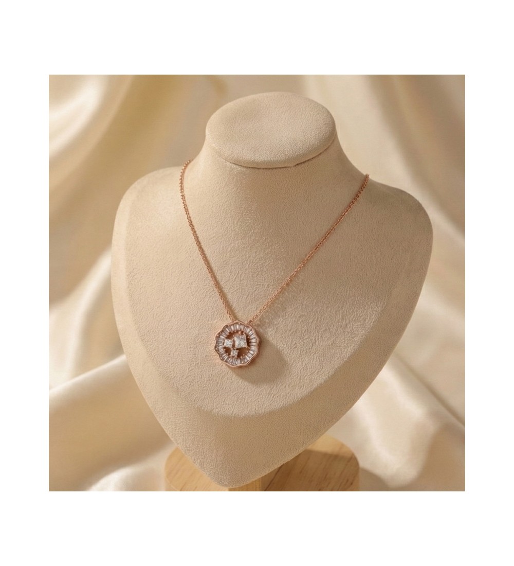 925 Sterling Silver Scalloped Medallion Necklace – Rose Gold Geometric Pendant with Baguette Zirconia – Art Deco Style Jewelry f