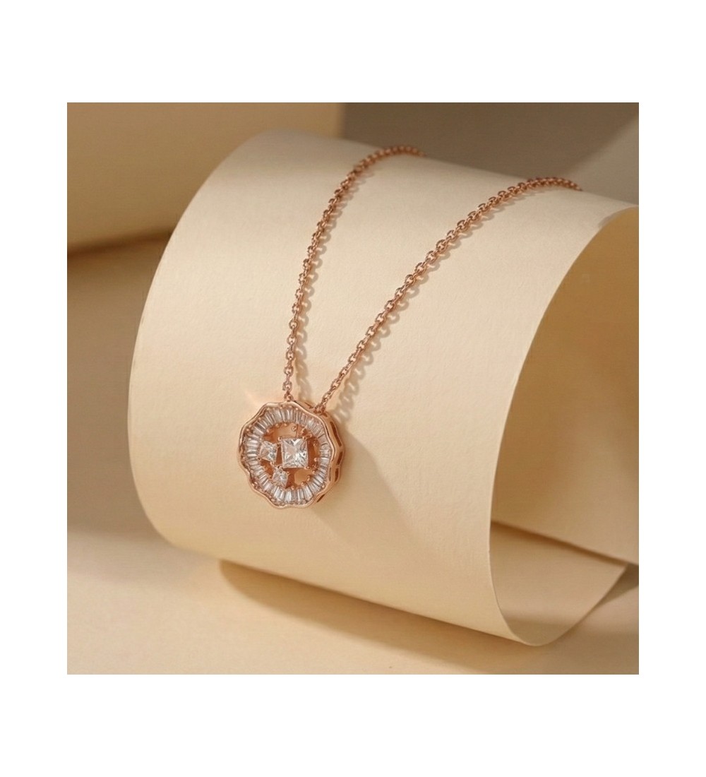 925 Sterling Silver Scalloped Medallion Necklace – Rose Gold Geometric Pendant with Baguette Zirconia – Art Deco Style Jewelry f