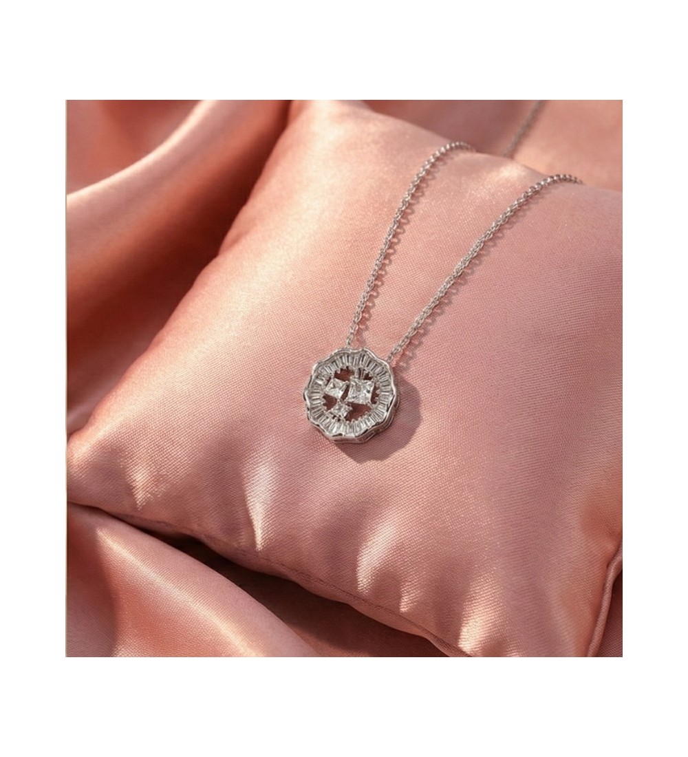 925 Sterling Silver Scalloped Medallion Necklace – Rose Gold Geometric Pendant with Baguette Zirconia – Art Deco Style Jewelry f