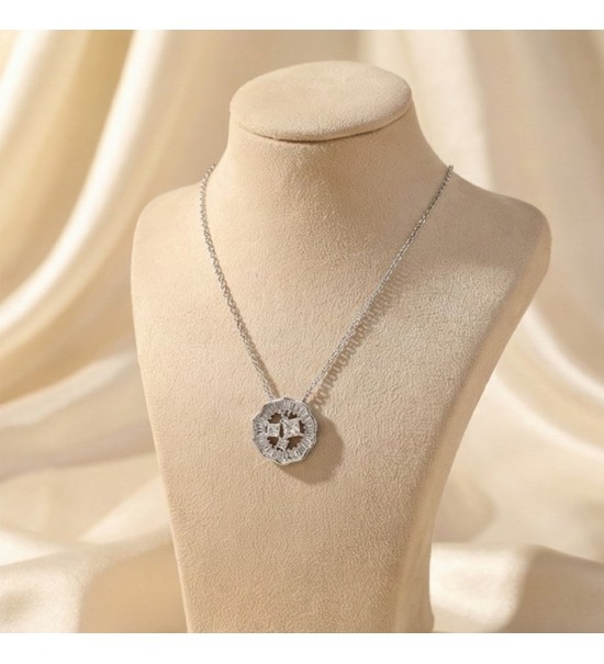 925 Sterling Silver Scalloped Medallion Necklace – Rose Gold Geometric Pendant with Baguette Zirconia – Art Deco Style Jewelry f