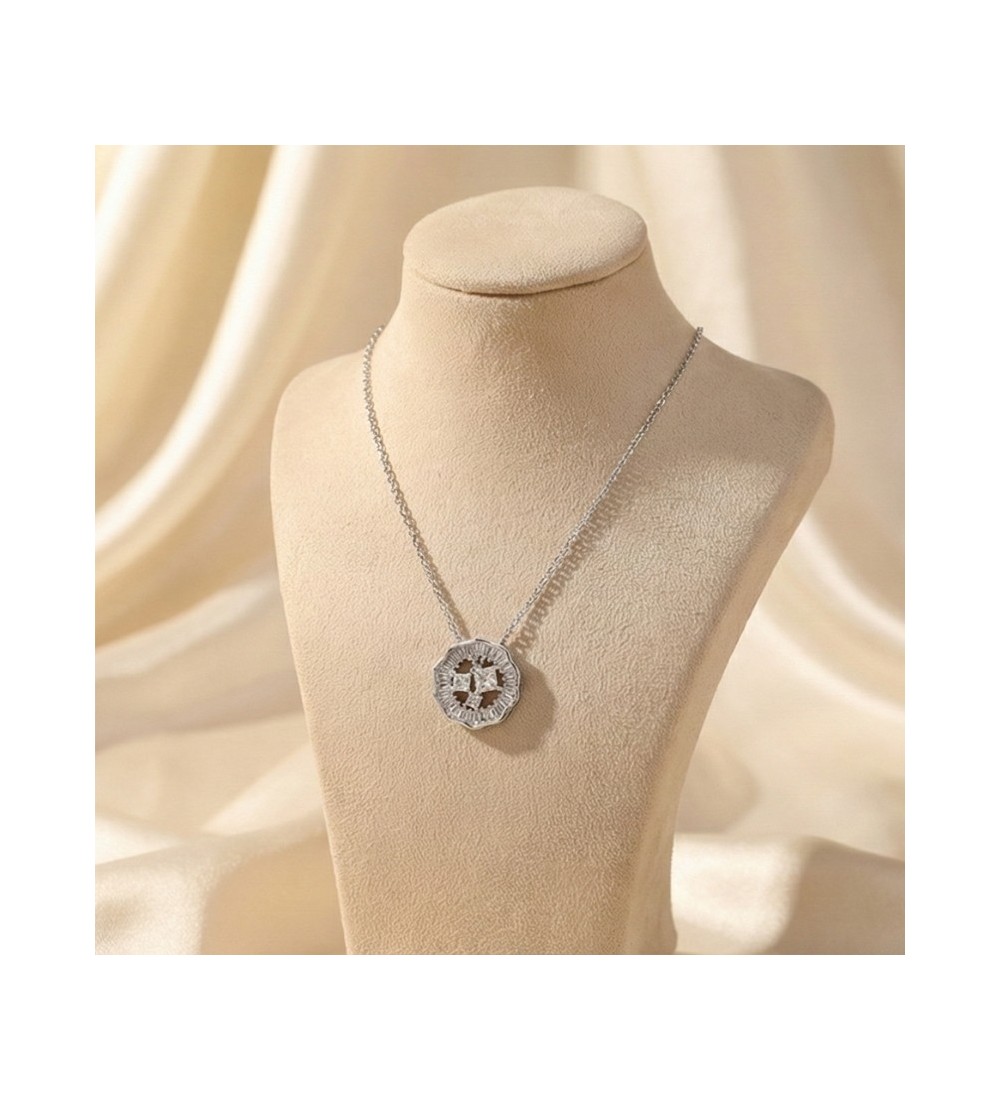 925 Sterling Silver Scalloped Medallion Necklace – Rose Gold Geometric Pendant with Baguette Zirconia – Art Deco Style Jewelry f