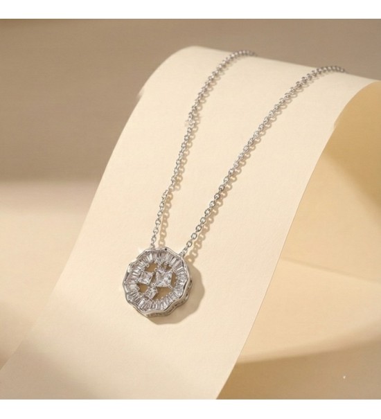 925 Sterling Silver Scalloped Medallion Necklace – Rose Gold Geometric Pendant with Baguette Zirconia – Art Deco Style Jewelry f