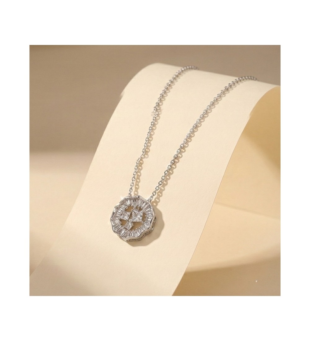 925 Sterling Silver Scalloped Medallion Necklace – Rose Gold Geometric Pendant with Baguette Zirconia – Art Deco Style Jewelry f