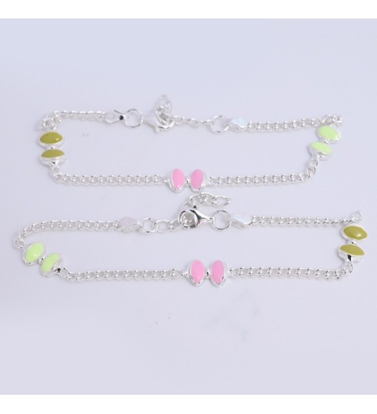 Dual-Tone Enamel Chain Anklet – Sterling Silver Trendy Foot Jewelry