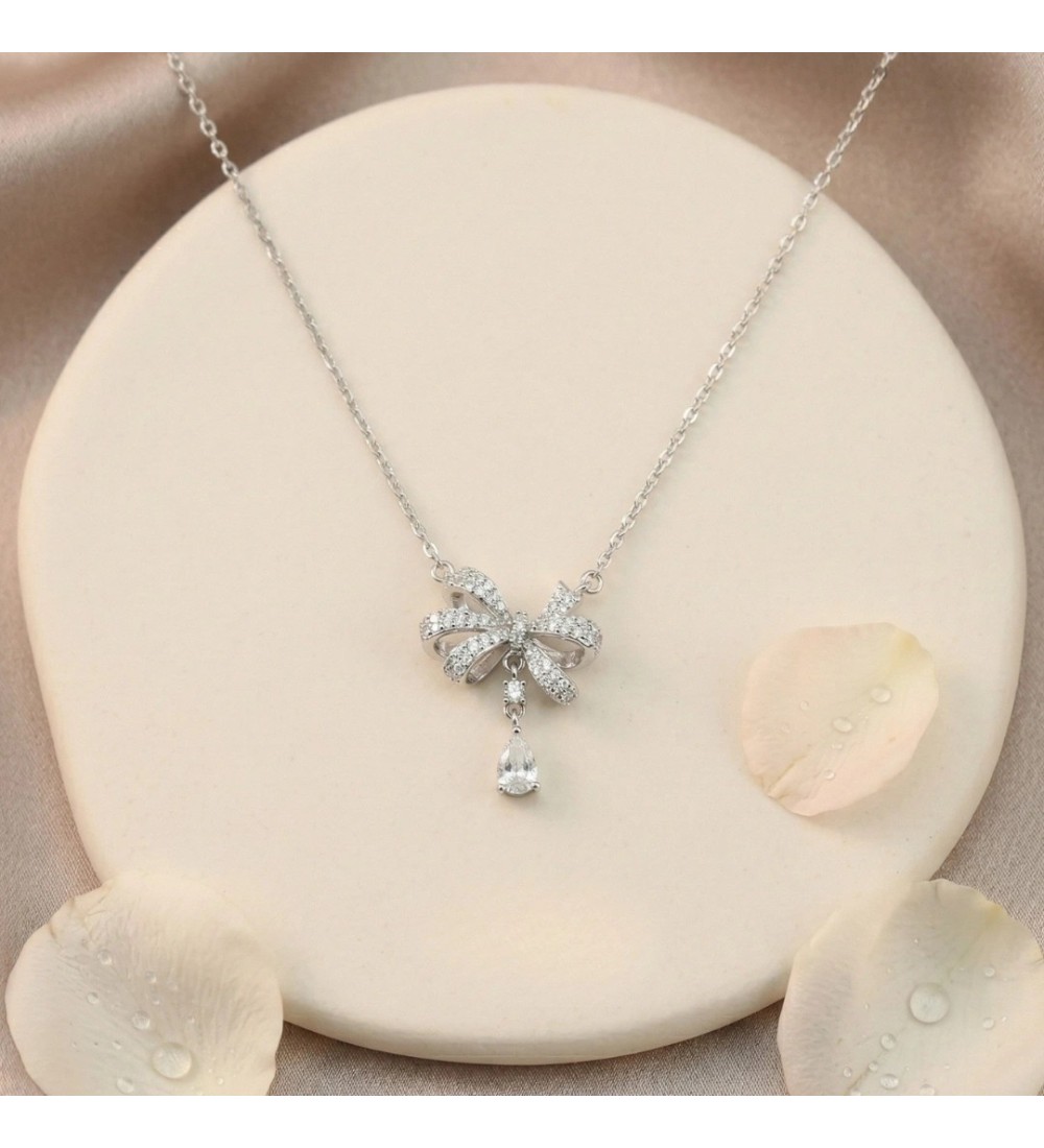 Sparkling Bow Droplet Necklace