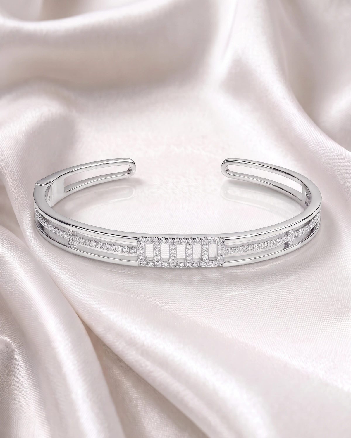 Silver Clara Baguette Triple Band Kada | Silver Bangle | Stylora