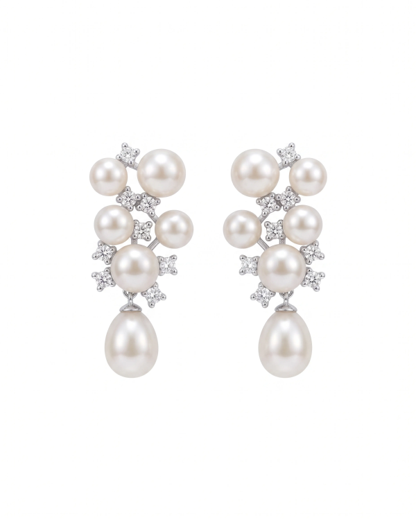 Silver Ivory Pearl Cluster Drop Earrings | Silver Earrings | Stylora