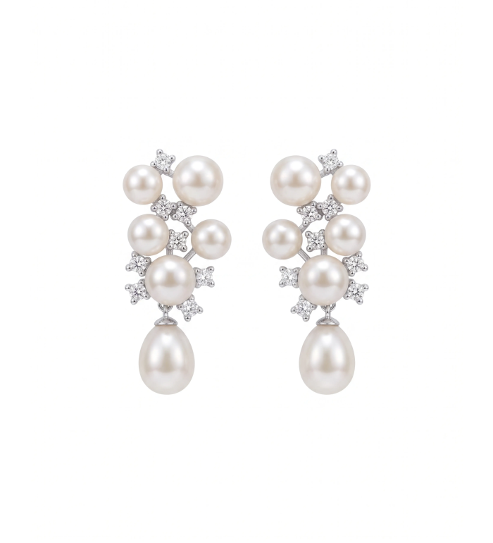 Silver Ivory Pearl Cluster Drop Earrings | Silver Earrings | Stylora
