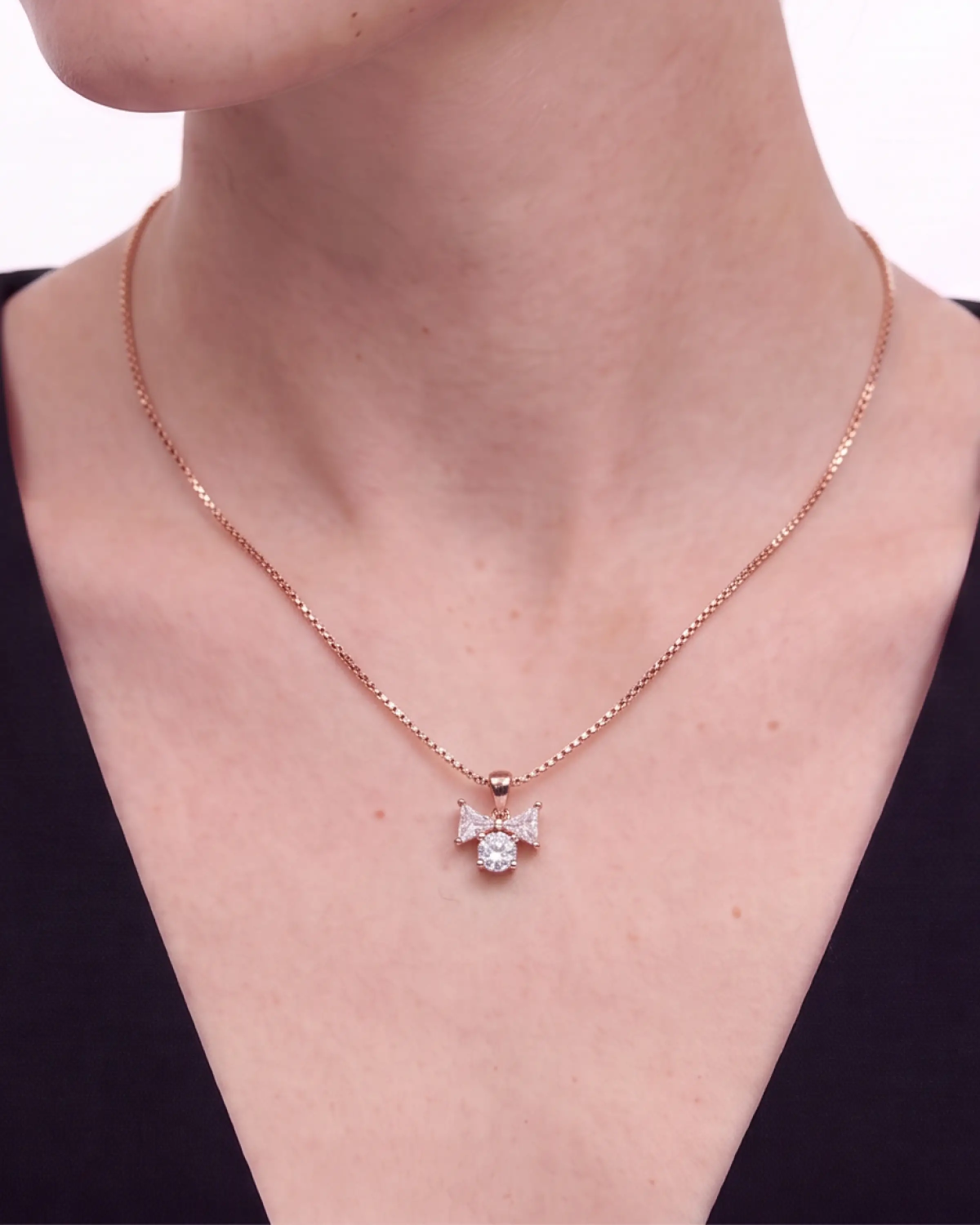 Rose Gold Nectar Bow Solitaire Pendant Necklace with Studs | Stylora
