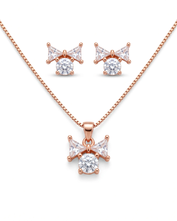 Rose Gold Nectar Bow Solitaire Pendant Necklace with Studs | Stylora
