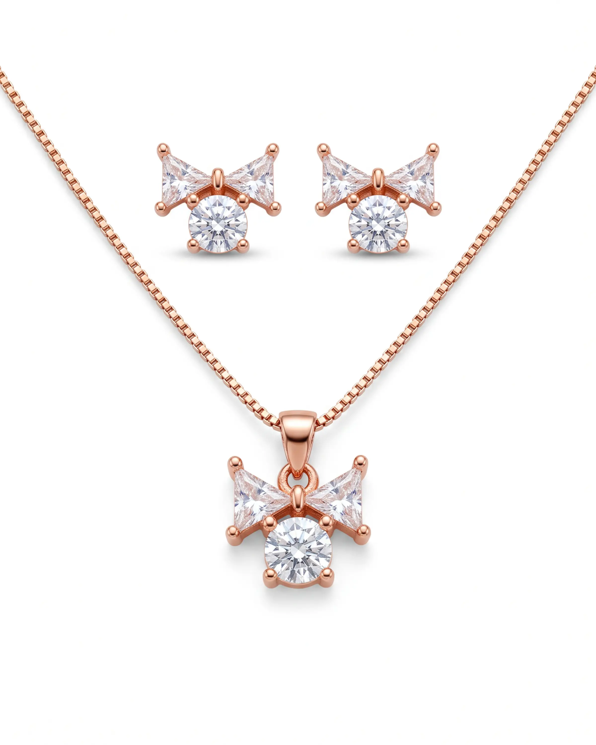 Rose Gold Nectar Bow Solitaire Pendant Necklace with Studs | Stylora